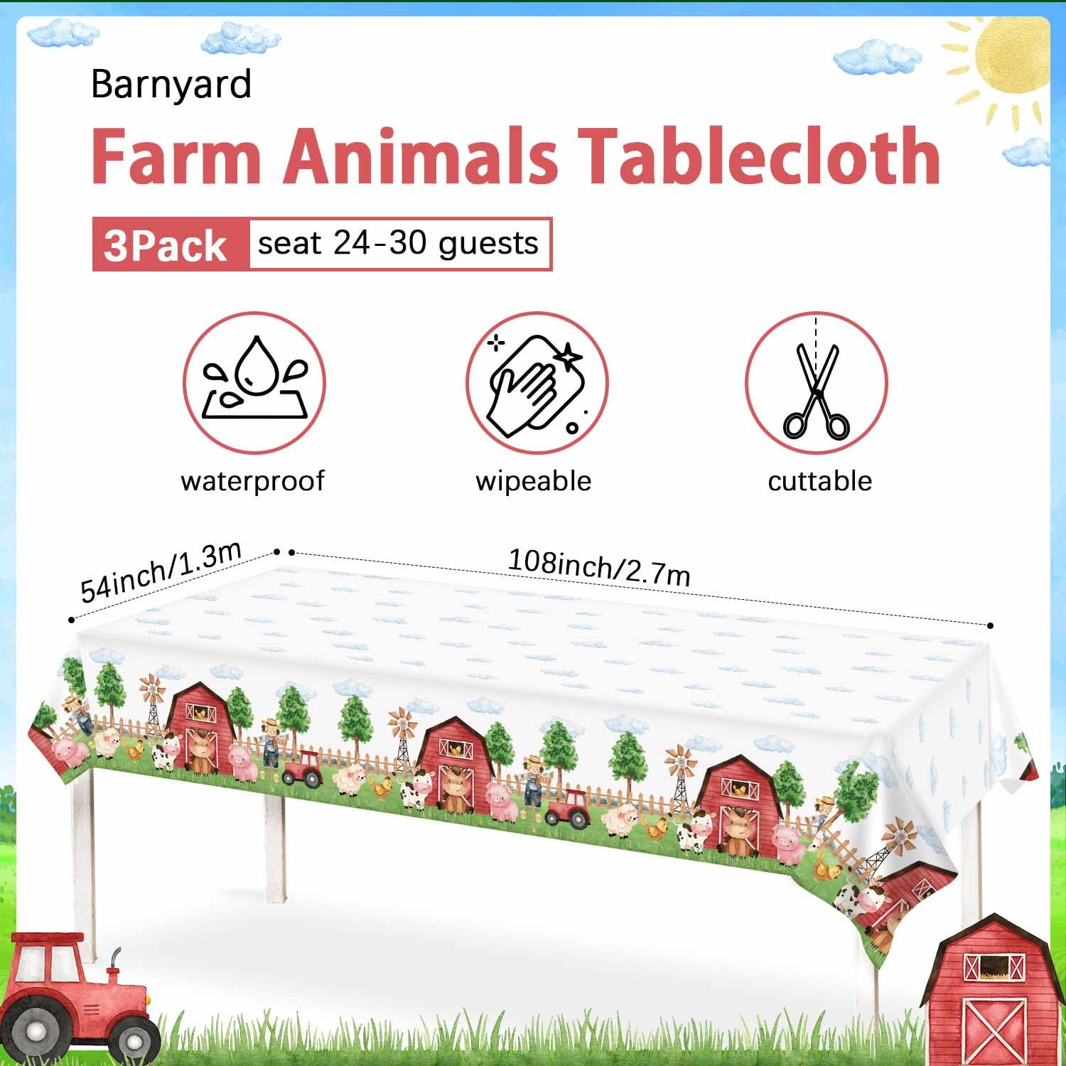 Heboland 3 Pieces Farm Animal Birthday Party Supplies Tablecloth, Large Size 54 x 108 Inch Rectangular Plastic Table Cover, Barnyard Birthday Party Supplies Decorations for Baby Shower Boys Girls