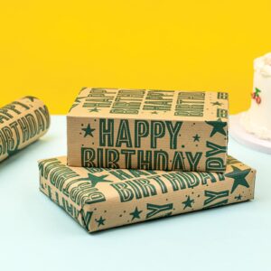 RUSPEPA Kraft Wrapping Paper Roll - Mini Roll - Green Happy Birthday Pattern Great for Birthday, Party, Baby Shower - 17.5 Inches X 32.8 Feet