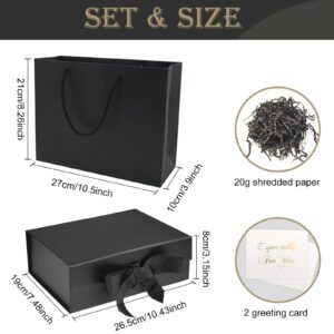 CIOUYAOS Black Gift Box with Lids, Large Ribbon Luxury Magnetic Packaging Box with Paper Bags, 2 Greeting Card and Shredded Paper Filler for Christmas Wedding Men Women Birthday Presents