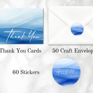 50 Pcs Thank You Cards With Envelopes Premium Quality Classy Thank You Notes Cards For All Occasions, Wedding, Baby Shower, Bridal Shower, Birthday, Engagement, Funeral, Beautiful Minimalistic Design, Blue With White Letters Bulk 4x6