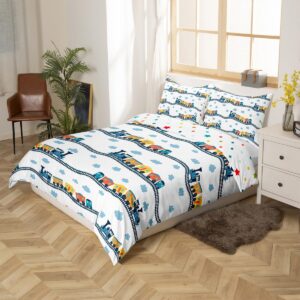 Erosebridal Cute Steam Engine Bed Sets for Kids Toddlers Kawaii Train Comforter Cover Construction Vehicles Duvet Cover Queen Cartoon Railway Bedding Set Boys Car Theme Bedspread Cover 3pcs