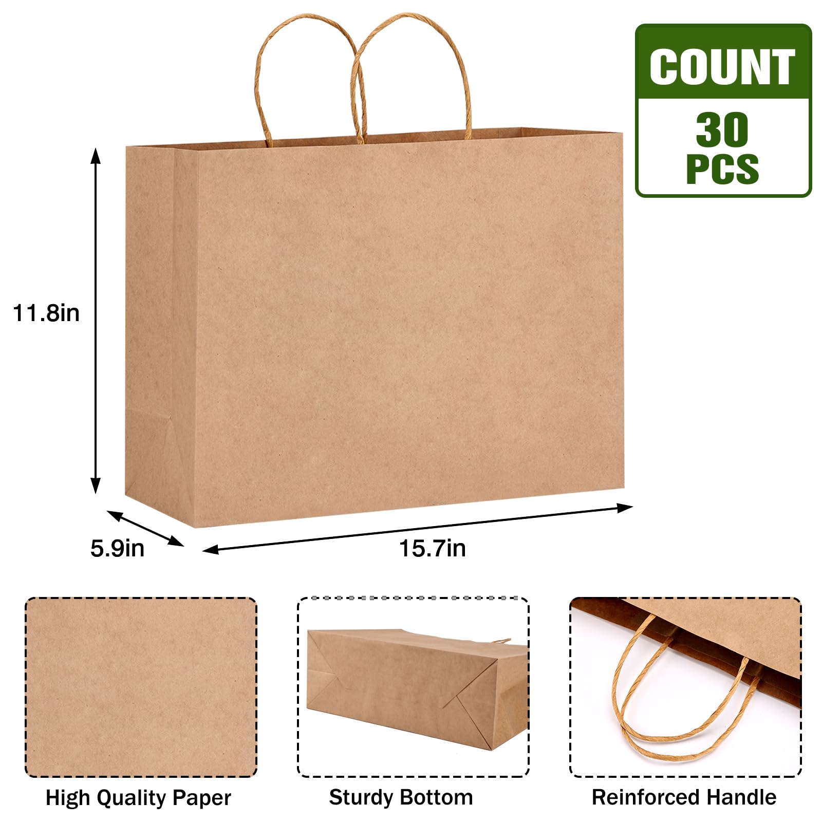 Moretoes Paper Bags with Handles, 16x6x12 Inch 30pcs Large Brown Gift Bags, Large Paper Bags, Shopping Bags for Small Business, Retail Stores, Gifts & Merchandise