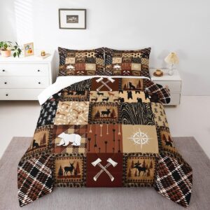 bear comforter set cute elk print bedding set for teens farmhouse wild animals style bedding set plaid grid geocmetric brown black duvet set room decor 2pcs with 1 pillow case twin size