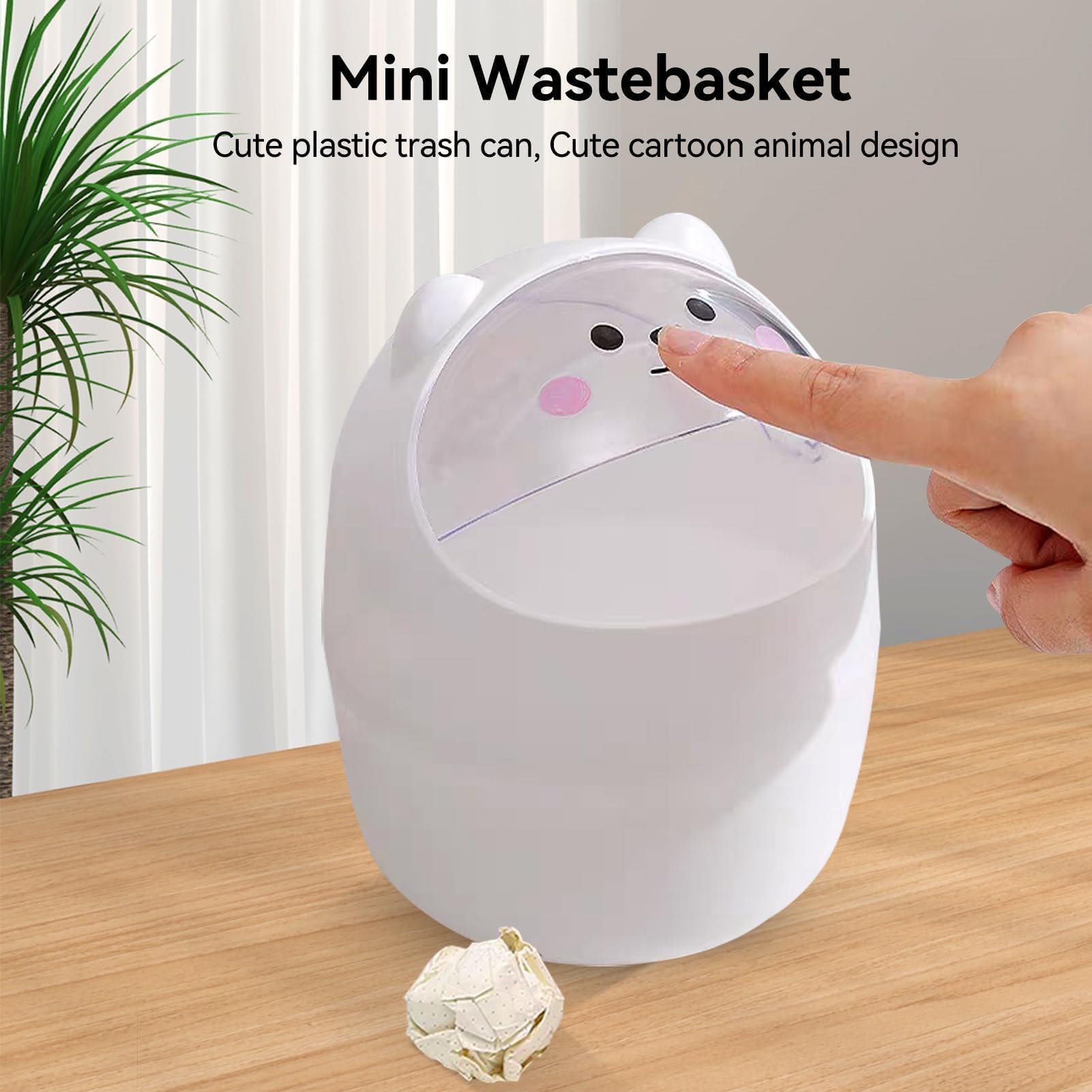 Cute Mini Desktop Trash Can, Cartoon Cat Animal Shape Waste Paper Bin with Swing Lid Mini Countertop Trash Can Small Garbage Can(White)