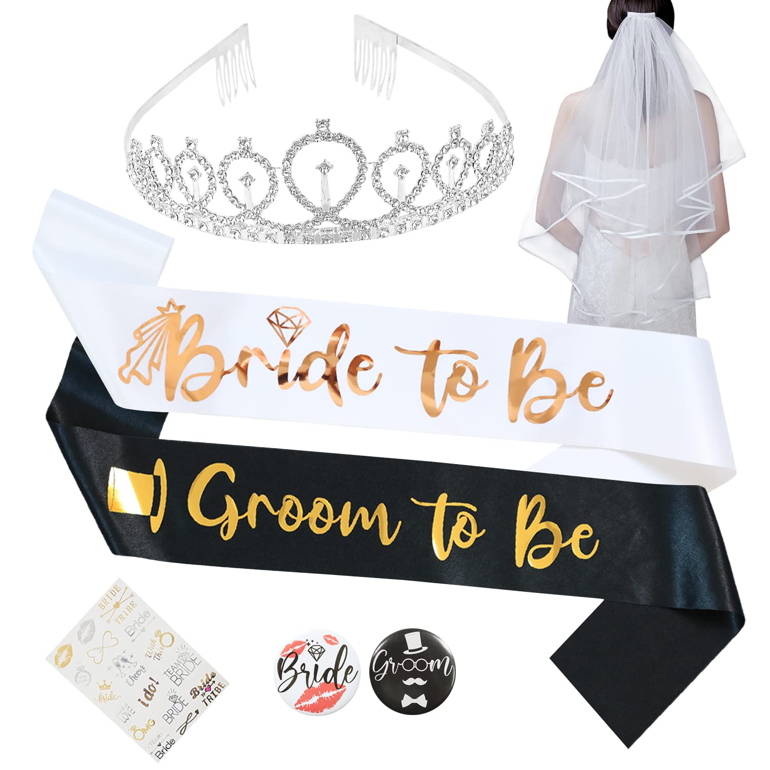 Docooniver Bride to be,Bridal Shower Decorations,Bridal Shower Favors,Sash,Tiara,Veil,Tattoos,Badges 7 Pack Kit for Bachelorette and Wedding Party Supplies,Bride and Groom to be sash,Gifts for Bride.