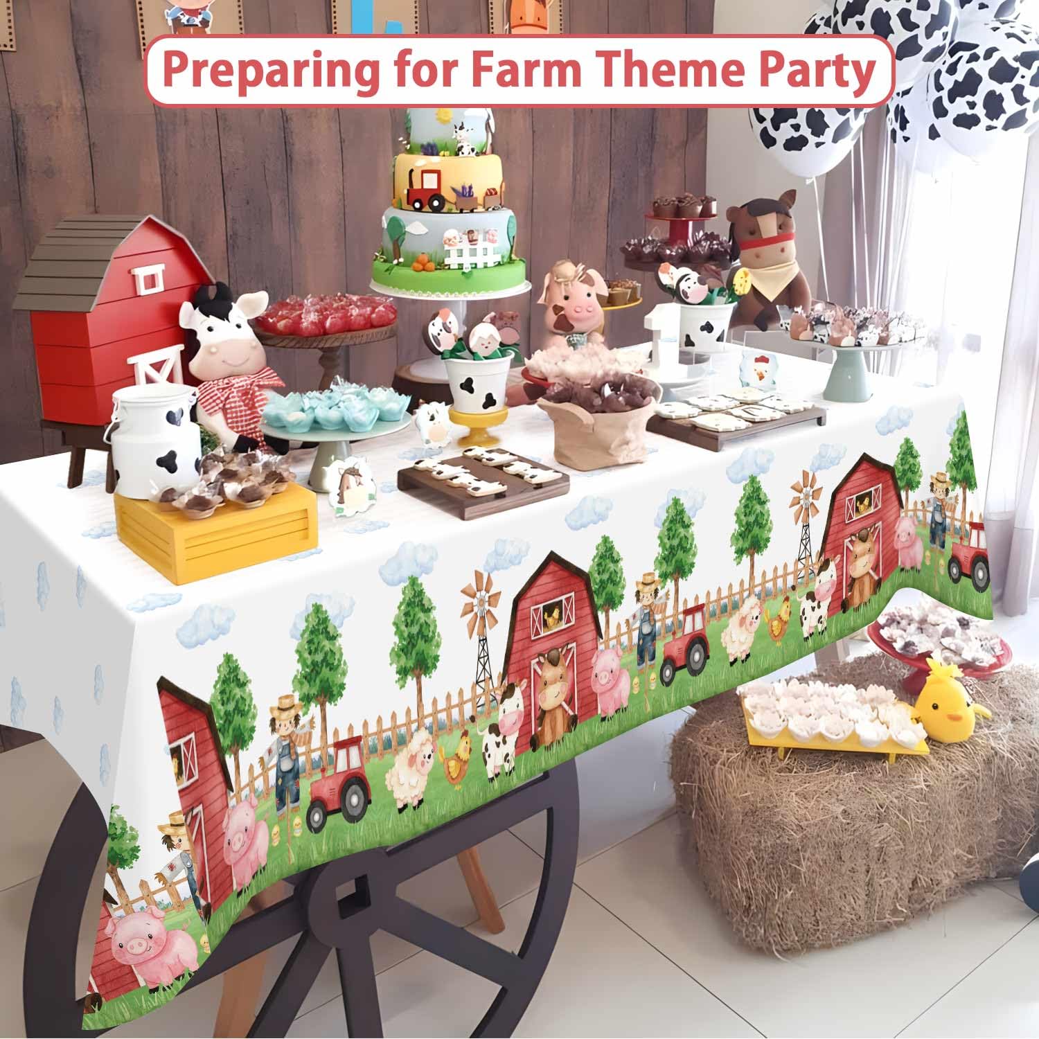 Heboland 3 Pieces Farm Animal Birthday Party Supplies Tablecloth, Large Size 54 x 108 Inch Rectangular Plastic Table Cover, Barnyard Birthday Party Supplies Decorations for Baby Shower Boys Girls