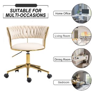 Goujxcy Velvet Swivel Chair, Velvet Desk Chair with Gold Base, Cute Makeup Vanity Chair for Women Girls, Woven Back Adjustable Armchair Task Computer Chair for Home Office Bedroom Living Room, Beige