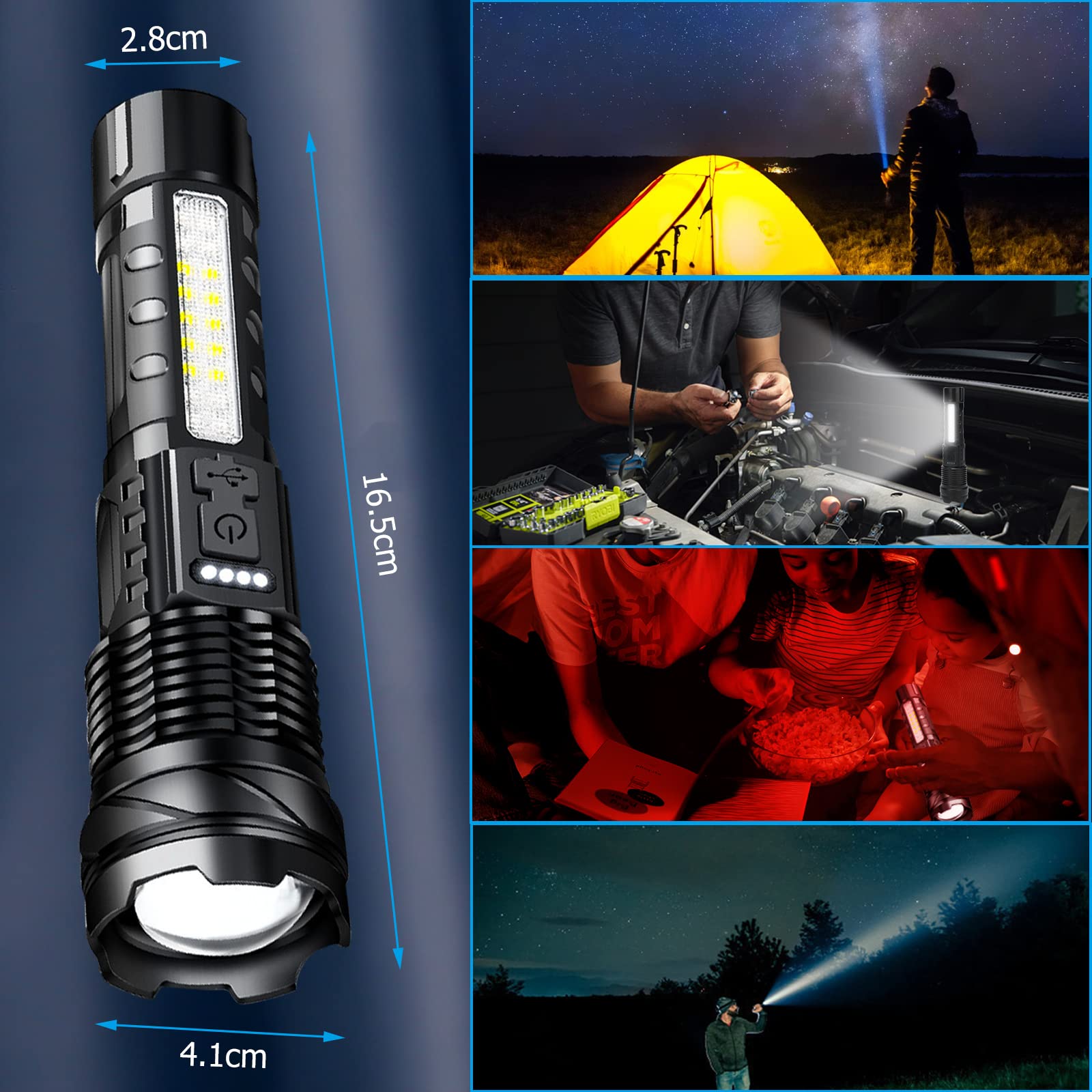 HOSONIC A76 Rechargeable Flashlights 20000 High Lumens - Brightest LED Flash Light 7 Modes with COB Side Light，High Powered Handheld Flashlight for Emergency Camping