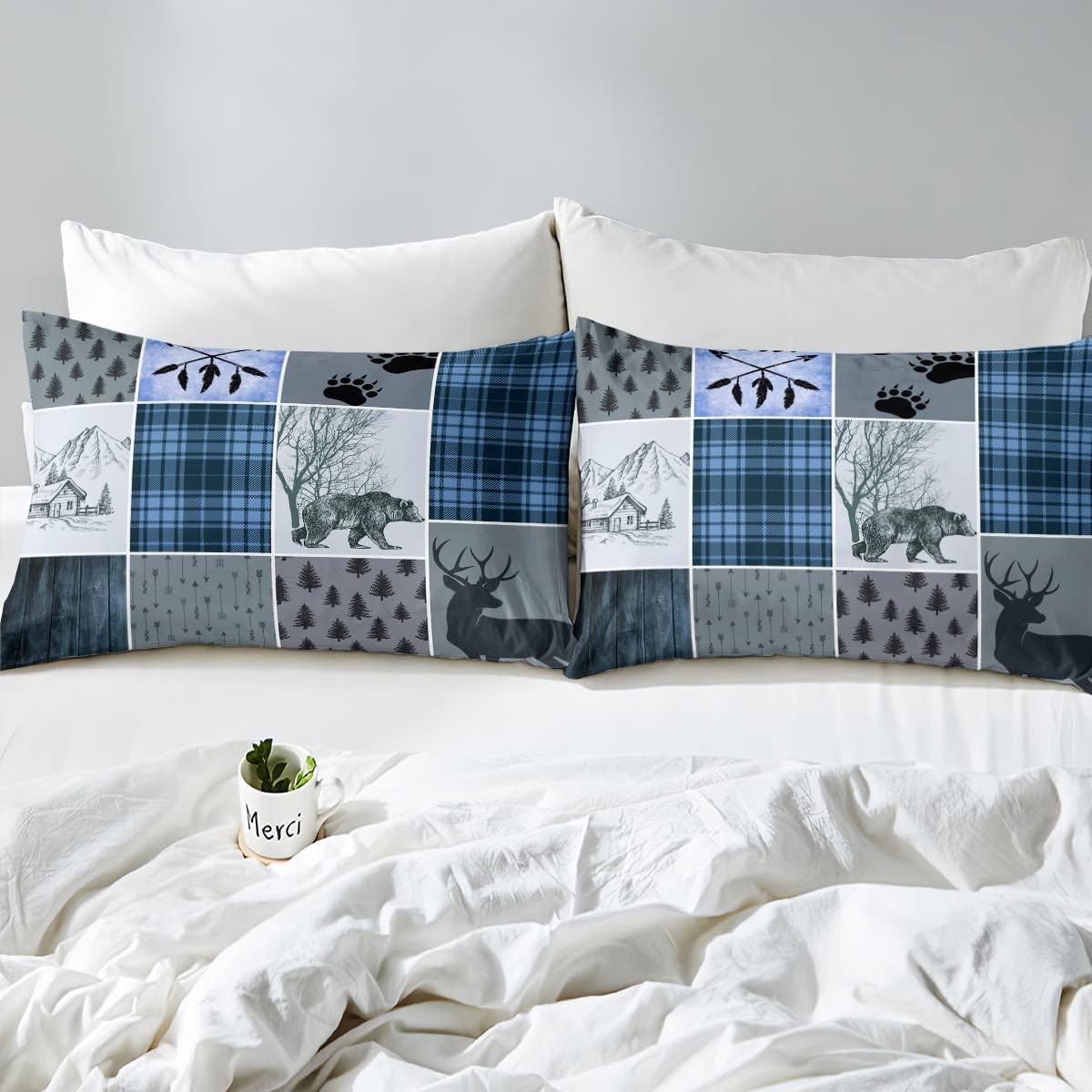 Rustic Farmhouse Sheet Set Twin, Retro Cabin Lodge Fitted Sheet Country Bear Deer Bed Sheets For Kids Teens Adult Men, Hunting Wild Animal Plaid Checkered Flat Sheet 3Pcs With 1 Pillow Case,Blue