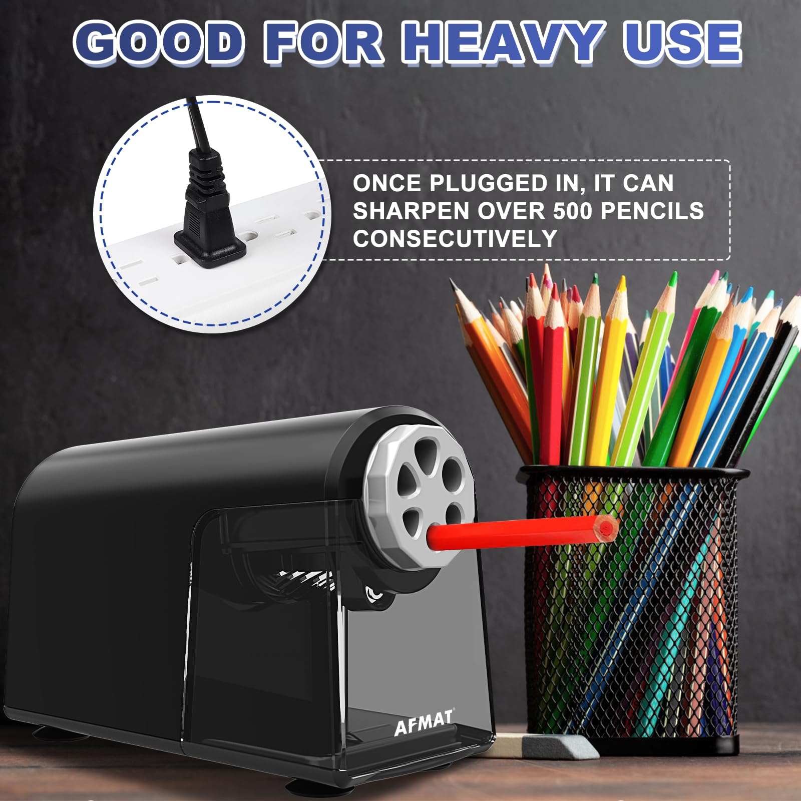 AFMAT Heavy Duty Electric Pencil Sharpener for Classroom, 6 Holes, Electric Pencil Sharpeners for Home, Pencil Sharpener Plug in for 6-11mm Pencils, Auto Stop, Super Fast, Save Pencils, Black