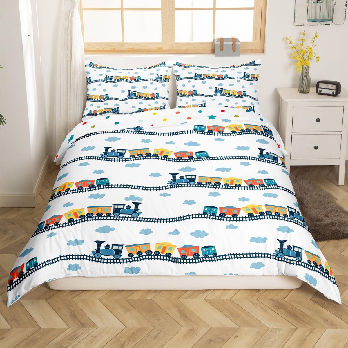 Erosebridal Cute Steam Engine Bed Sets for Kids Toddlers Kawaii Train Comforter Cover Construction Vehicles Duvet Cover Queen Cartoon Railway Bedding Set Boys Car Theme Bedspread Cover 3pcs