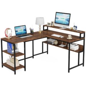 Tribesigns Reversible L Shaped Desk, L Shape Computer Table with Monitor Stand and Storage Shelves, Industrial Corner Desk with Printer Space, Work Desk for Home Office, Small Spaces