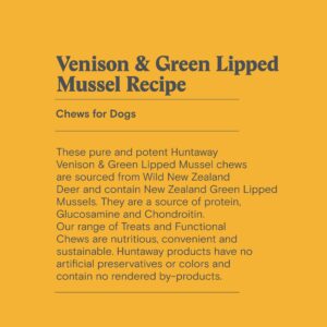 Huntaway Venison with Green Lipped Mussels Chews for Dogs - 1 Pack of 4oz Natural Venison Dog Chews for Hip and Joint Support