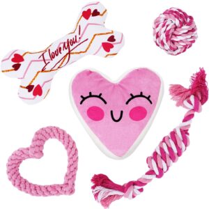 whaline 5 pack valentine's day dog toy kit puppy chew pink heart squeak boneball shaped cotton rope chewing for small medium puppy teeth cleaning supplies