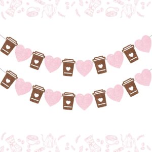 coffee bar banner pink, glitter coffee cup and heart garland, latte banner for birthday bachelorette engagement wedding baby shower party, coffee bar wall table decorations