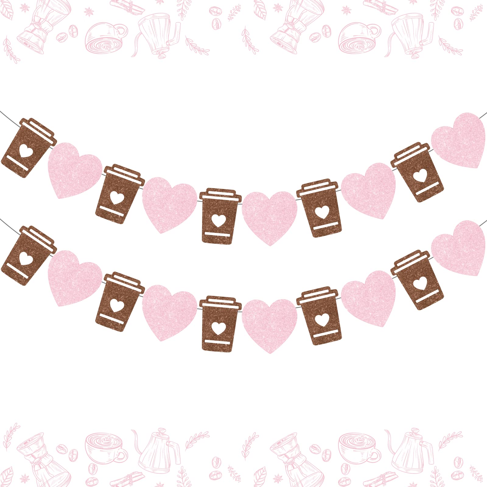 Coffee Bar Banner Pink, Glitter Coffee Cup and Heart Garland, Latte Banner for Birthday Bachelorette Engagement Wedding Baby Shower Party, Coffee Bar Wall Table Decorations