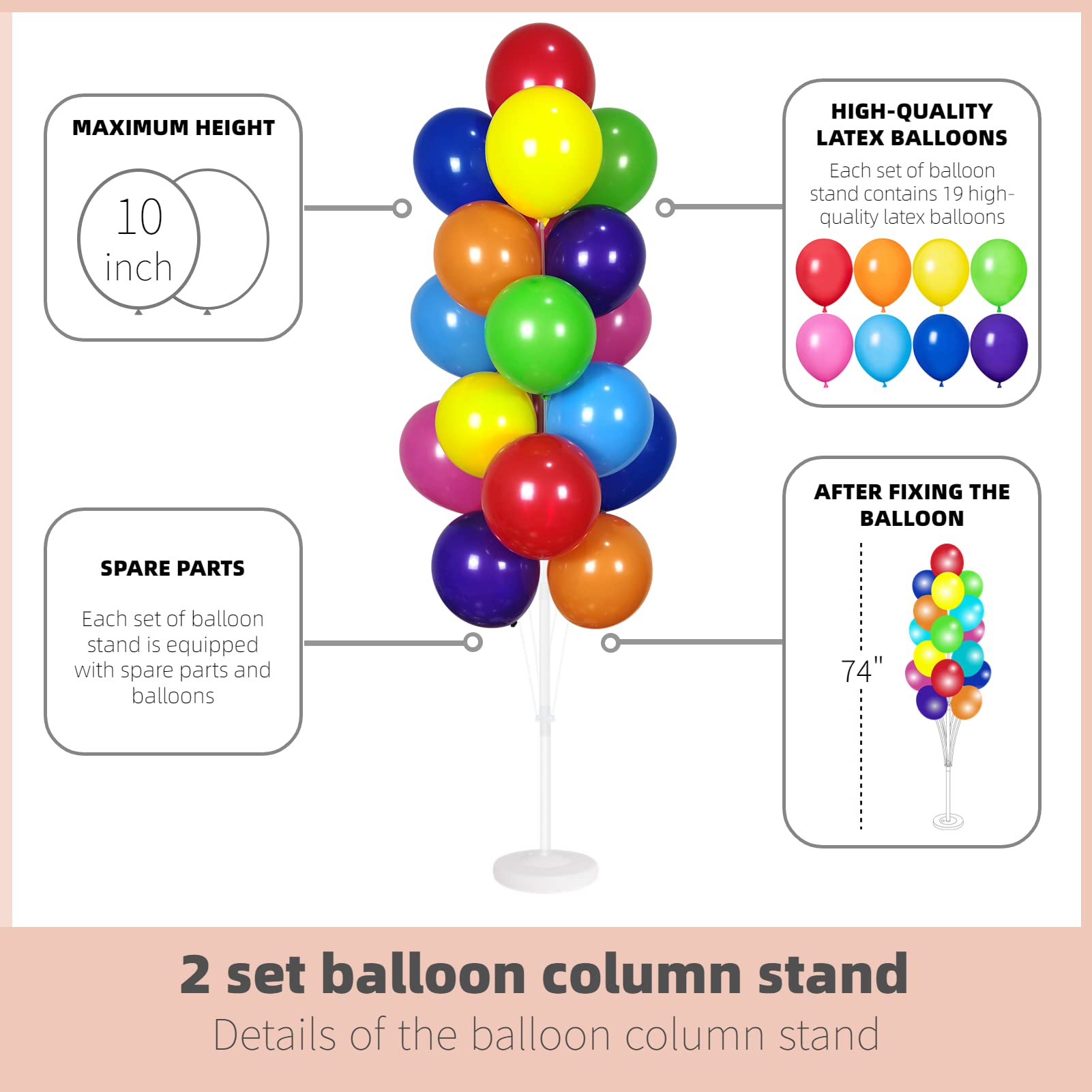 Balloon Column Kit Set of 2 With Balloons Included - Balloon Stand with Base, and Pole,Balloon Tower Backdrop Decoration for Wedding, Baby Shower, Birthday Party, or Bachelorette Parties (Rainbow)