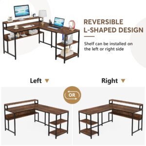 Tribesigns Reversible L Shaped Desk, L Shape Computer Table with Monitor Stand and Storage Shelves, Industrial Corner Desk with Printer Space, Work Desk for Home Office, Small Spaces