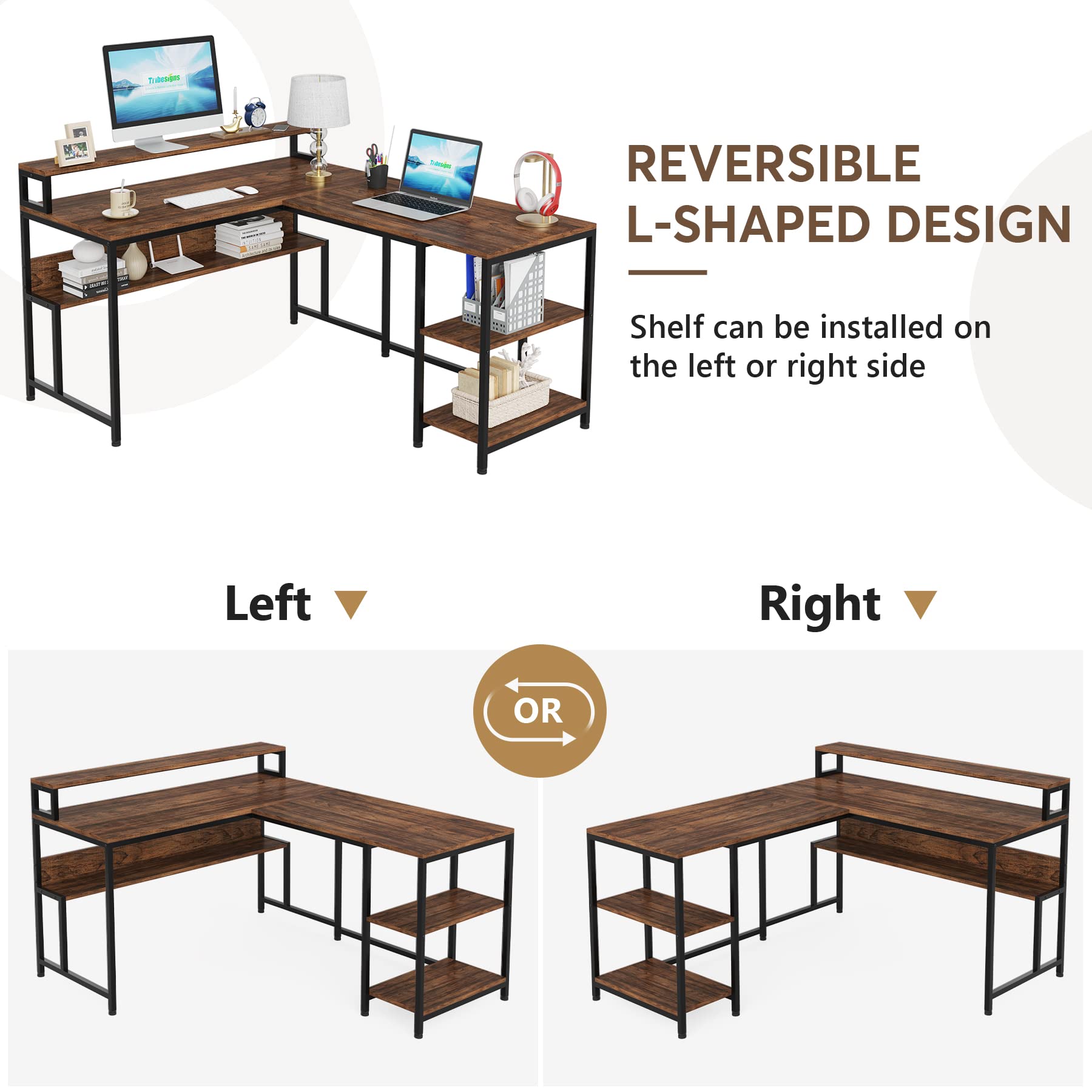 Tribesigns Reversible L Shaped Desk, L Shape Computer Table with Monitor Stand and Storage Shelves, Industrial Corner Desk with Printer Space, Work Desk for Home Office, Small Spaces