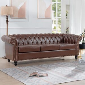 PU Leather 3 Seater Sofa with Rolled Arm, 84" Wide Upholstered Leather Counch with Stud Trim, Wooden Legs, Button Tufted Chesterfield Sofa Counch for Living Room Office, Hold up to 660 Pound, Grey