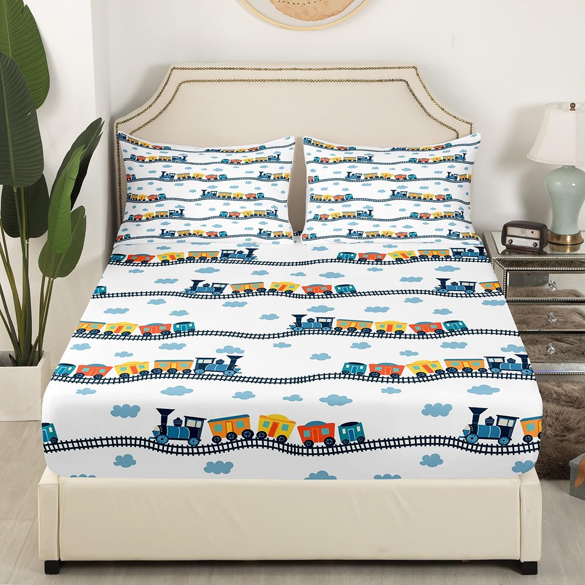 Erosebridal Kids Train Bed Sheets for Boys Girls Cartoon Car Twin Size Sheet Sets Steam Engine Sheets Railway Vehicles Sheet & Pillowcase Sets Transportation Truck Fitted Sheet with 1 Pillow Sham