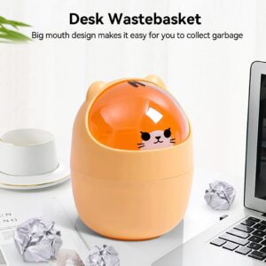 Cute Mini Desktop Trash Can, Cartoon Cat Animal Shape Waste Paper Bin with Swing Lid Mini Countertop Trash Can Small Garbage Can(Yellow)