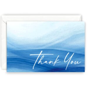 50 pcs thank you cards with envelopes premium quality classy thank you notes cards for all occasions, wedding, baby shower, bridal shower, birthday, engagement, funeral, beautiful minimalistic design, blue with white letters bulk 4x6