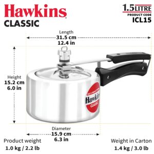 Hawkins Classic 1.5 Liter inner lid aluminum pressure cooker, induction cooker, wide design pan cooker, best cooker, silver (ICL15 (1.5 Liter))