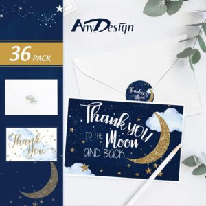 AnyDesign 36 Pack Stars Thank You Greeting Cards with Envelopes Matching Seal Stickers Blue Starry Delight Blank Note Cards Twinkle Moon Event Stationery for Baby Shower Birthday Supplies