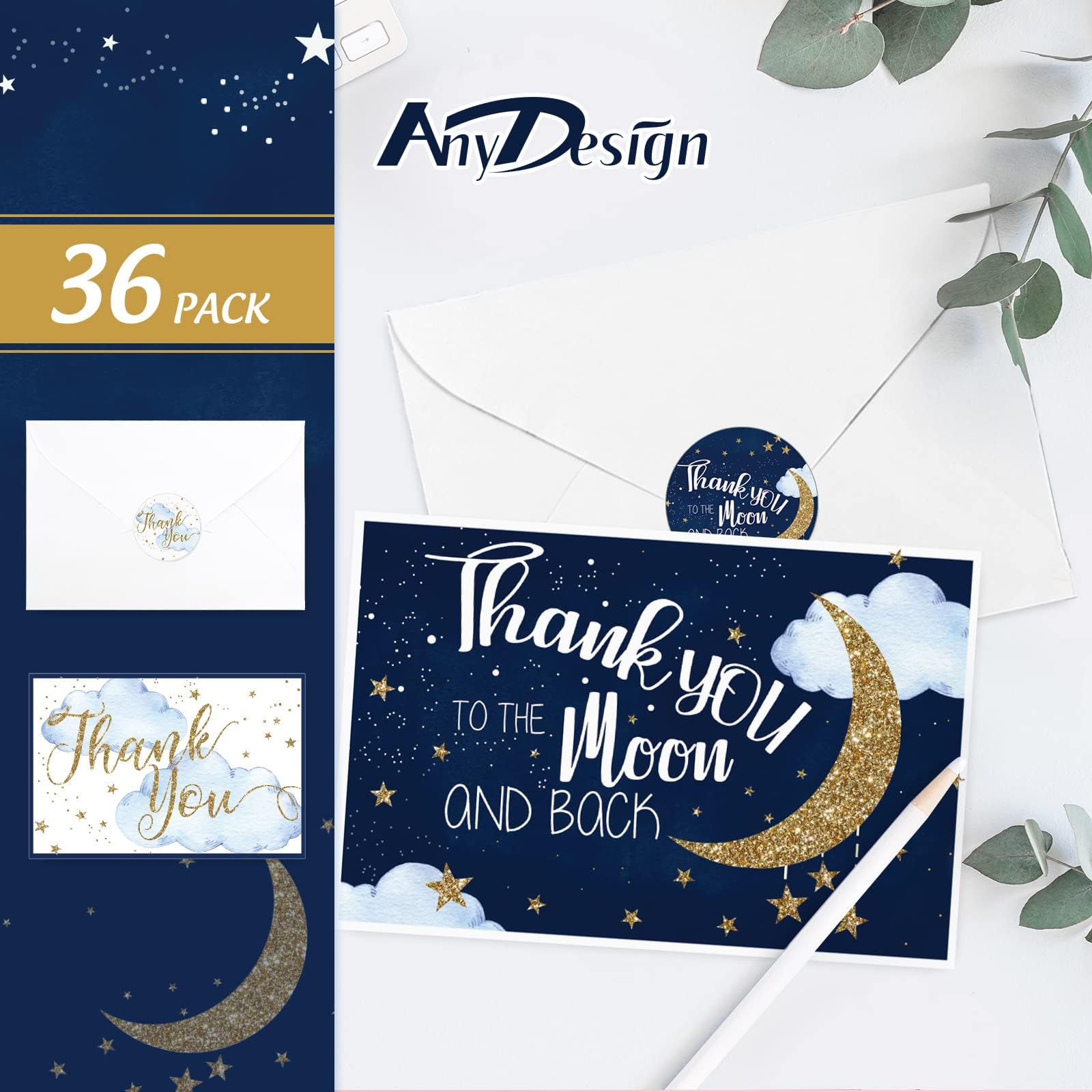 AnyDesign 36 Pack Stars Thank You Greeting Cards with Envelopes Matching Seal Stickers Blue Starry Delight Blank Note Cards Twinkle Moon Event Stationery for Baby Shower Birthday Supplies