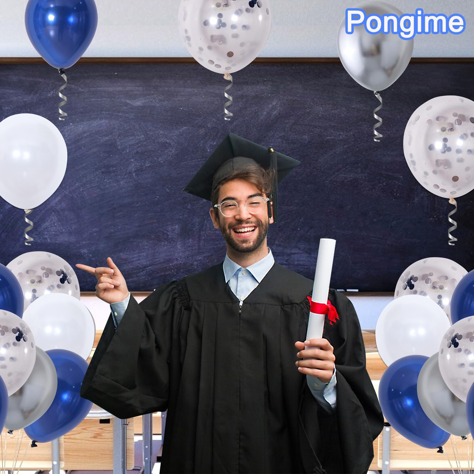 Pongime Graduation Party Decorations 2024, We Are So Proud Of You Decorations for Men Women, Navy Blue Silver Graduation Decorations Congrats Class of 2024 Banner Grad Party Supplies Balloons Arch Kit