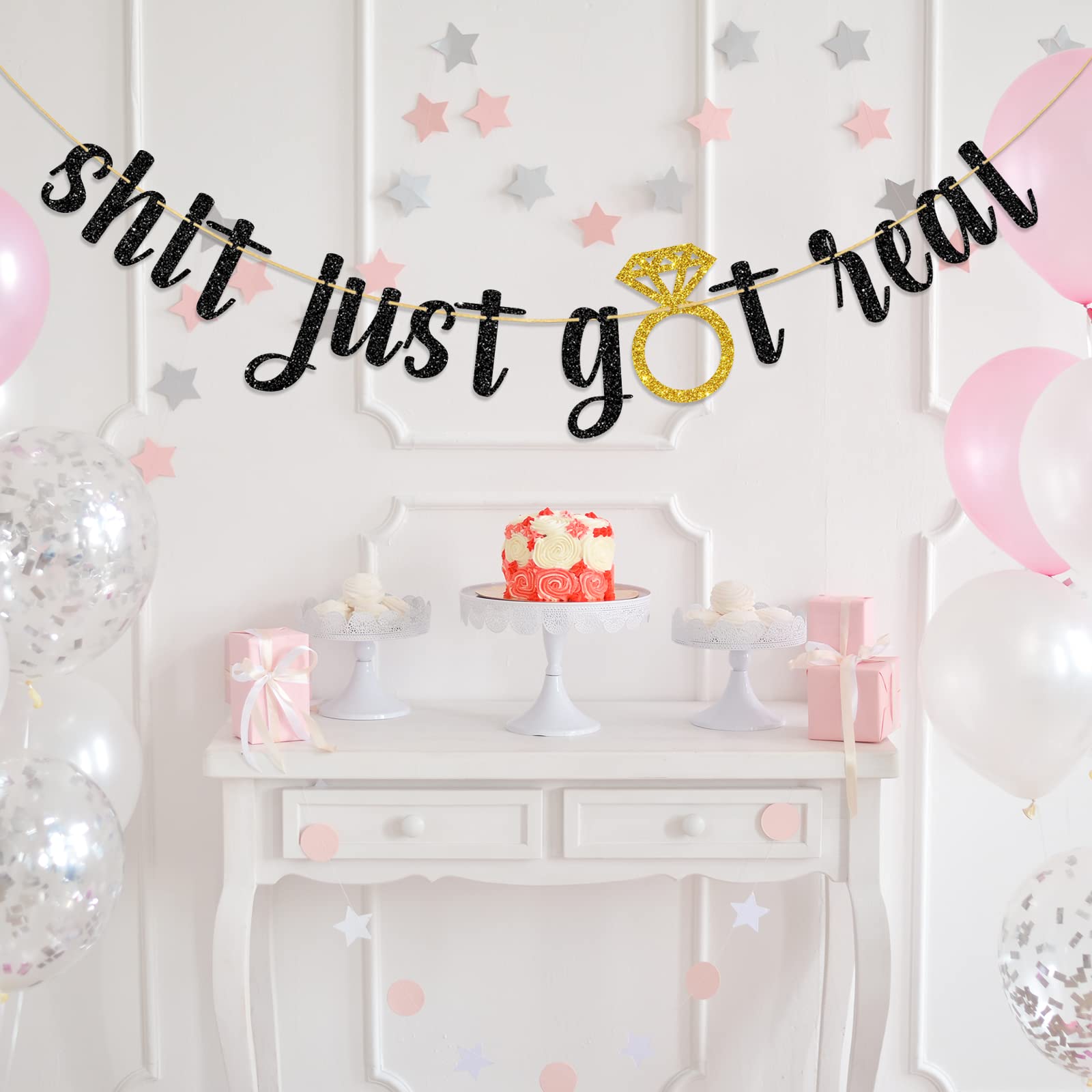 Dalaber Shit Just Got Real Banner, Funny Wedding/Engagement/Bridal Shower/Bachelorette Party Decoration, Just Married Sign Bunting Banner