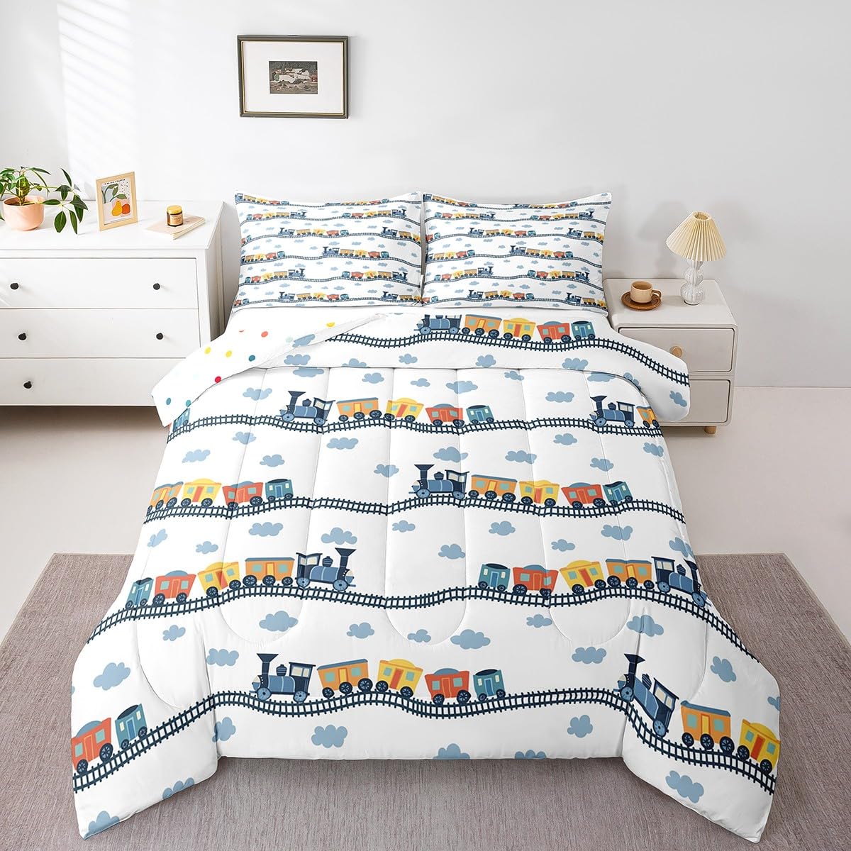 Erosebridal Kids Train Comforter Set Twin for Boys Girls Cartoon Car Bedding Set Steam Engine Bedding Comforter Sets Railway Vehicles Duvet Transportation Truck Quilt Comforter with 1 Pillow Sham