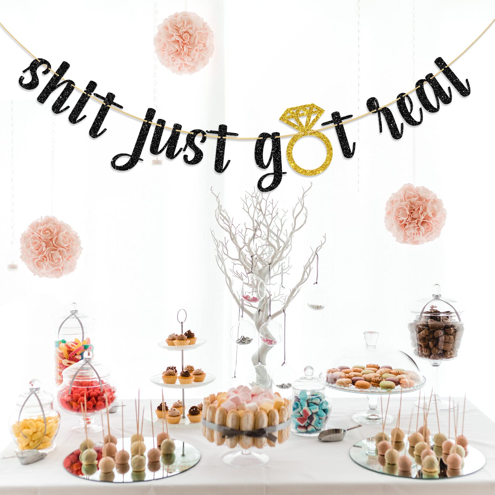 Dalaber Shit Just Got Real Banner, Funny Wedding/Engagement/Bridal Shower/Bachelorette Party Decoration, Just Married Sign Bunting Banner