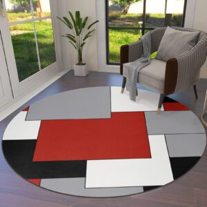 red black modern color block round area rug 4ft,washable outdoor indoor carpet runner rug for bedroom,kitchen,bathroom,living room,gray white patckwork plaid area+rug large bath door desk mat