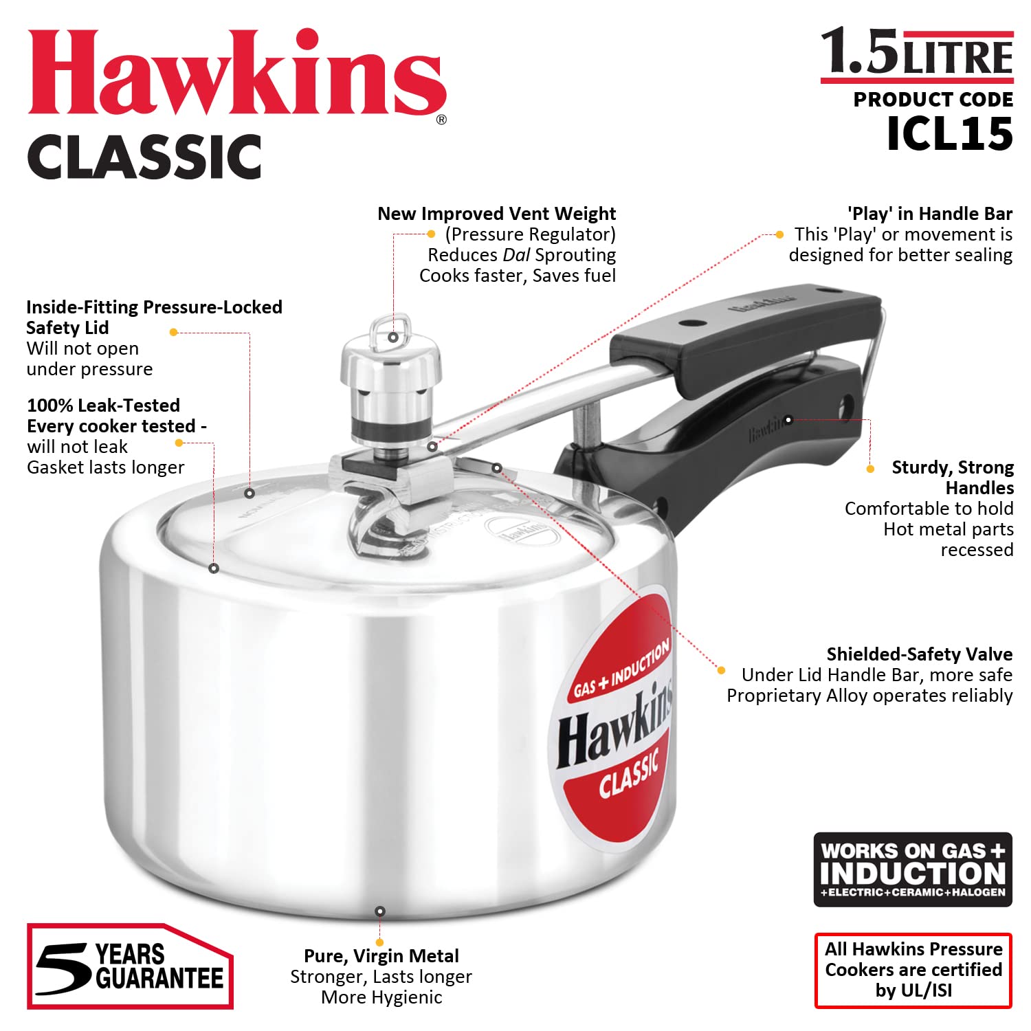 Hawkins Classic 1.5 Liter inner lid aluminum pressure cooker, induction cooker, wide design pan cooker, best cooker, silver (ICL15 (1.5 Liter))