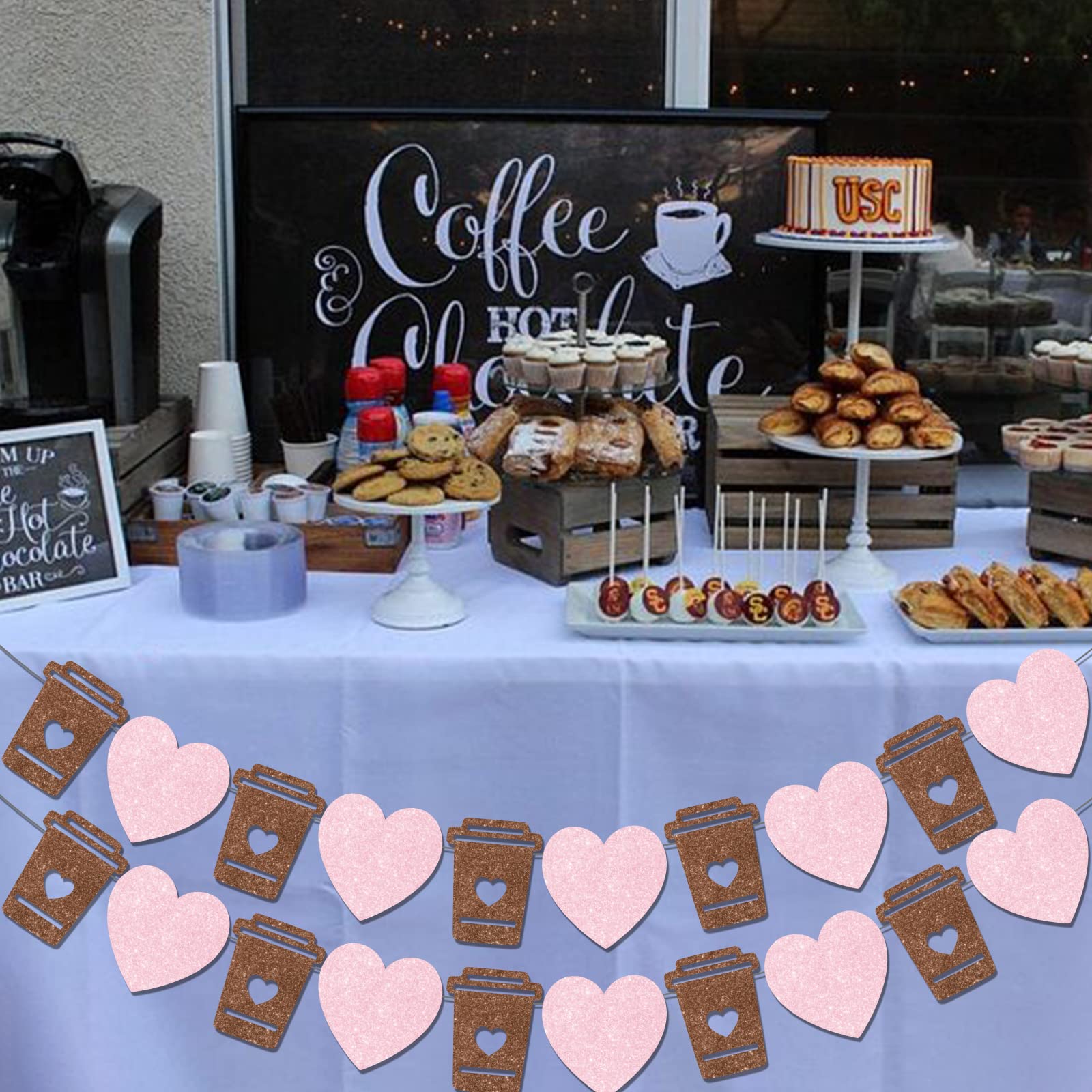 Coffee Bar Banner Pink, Glitter Coffee Cup and Heart Garland, Latte Banner for Birthday Bachelorette Engagement Wedding Baby Shower Party, Coffee Bar Wall Table Decorations