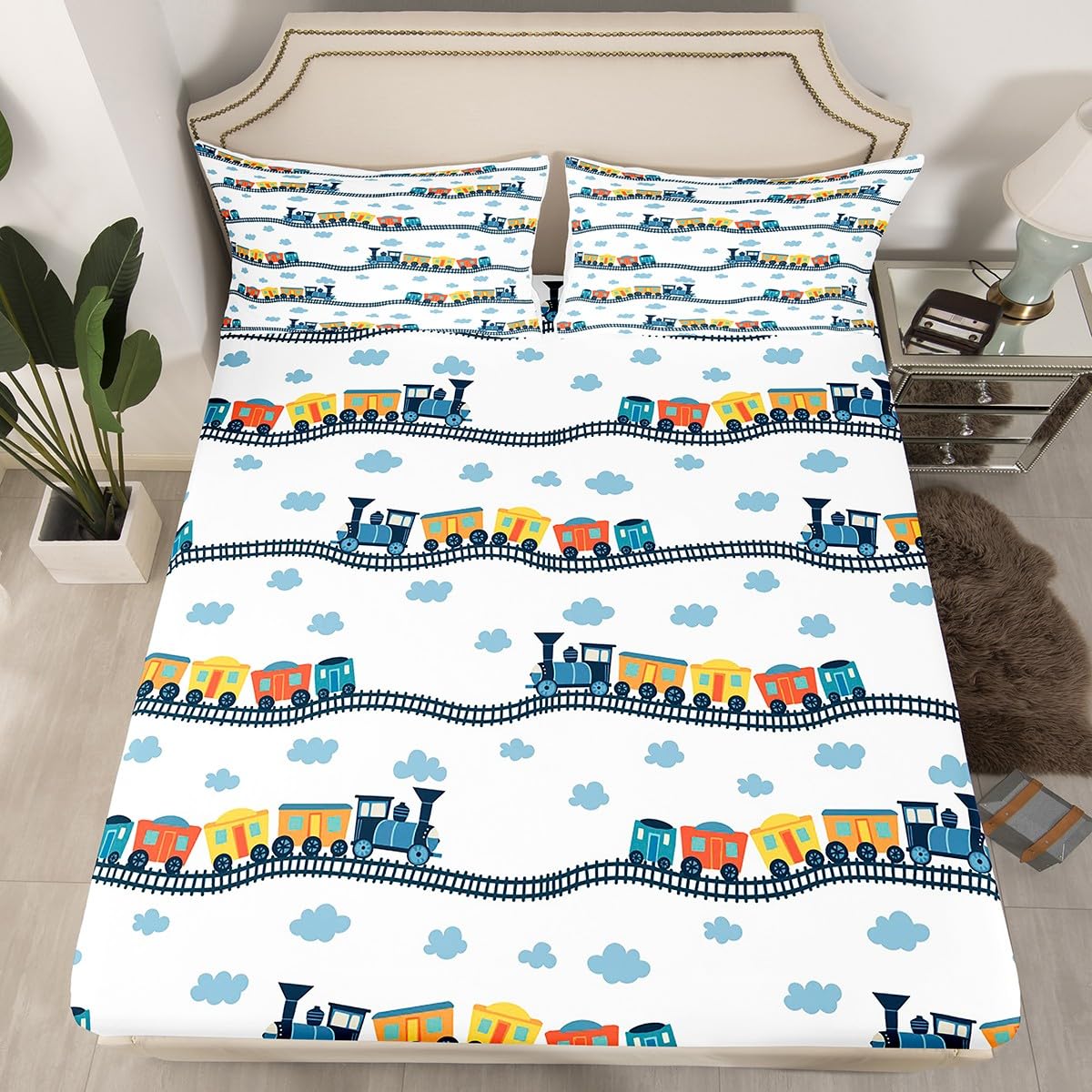 Erosebridal Kids Train Bed Sheets for Boys Girls Cartoon Car Twin Size Sheet Sets Steam Engine Sheets Railway Vehicles Sheet & Pillowcase Sets Transportation Truck Fitted Sheet with 1 Pillow Sham