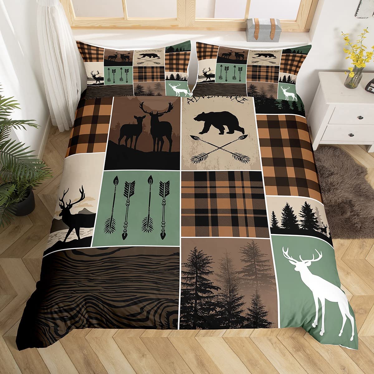 Farmhouse Retro Rustic Bedding Set Full Size, Country Bear Deer Comforter Cover Hunting Wild Animal Duvet Cover Plaid Arrows Adventure Patchwork Bedspread Cover With 2 Pillow Cases, Brown Green