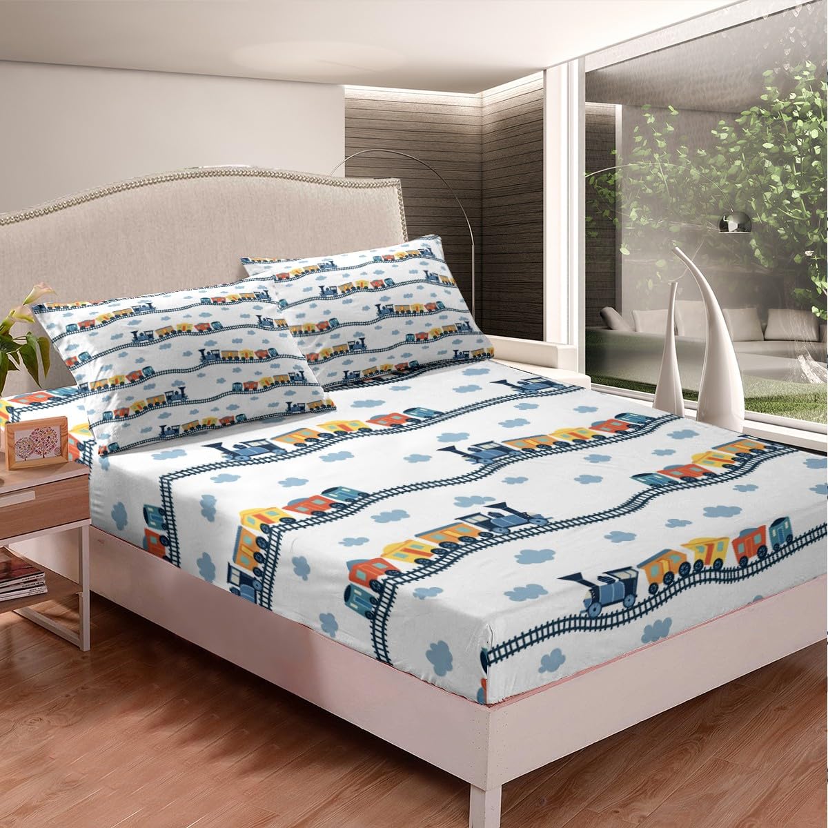 Erosebridal Kids Train Bed Sheets for Boys Girls Cartoon Car Twin Size Sheet Sets Steam Engine Sheets Railway Vehicles Sheet & Pillowcase Sets Transportation Truck Fitted Sheet with 1 Pillow Sham