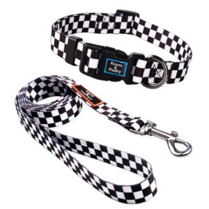 roses&poetry dog collar and leash for medium large,adjustable durable 5ft puppy leash collar for dog training lead（black & white-m）