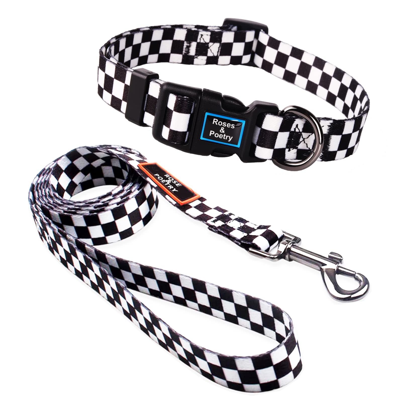 Roses&Poetry Dog Collar and Leash for Medium Large,Adjustable Durable 5ft Puppy Leash Collar for Dog Training Lead（Black & White-M）