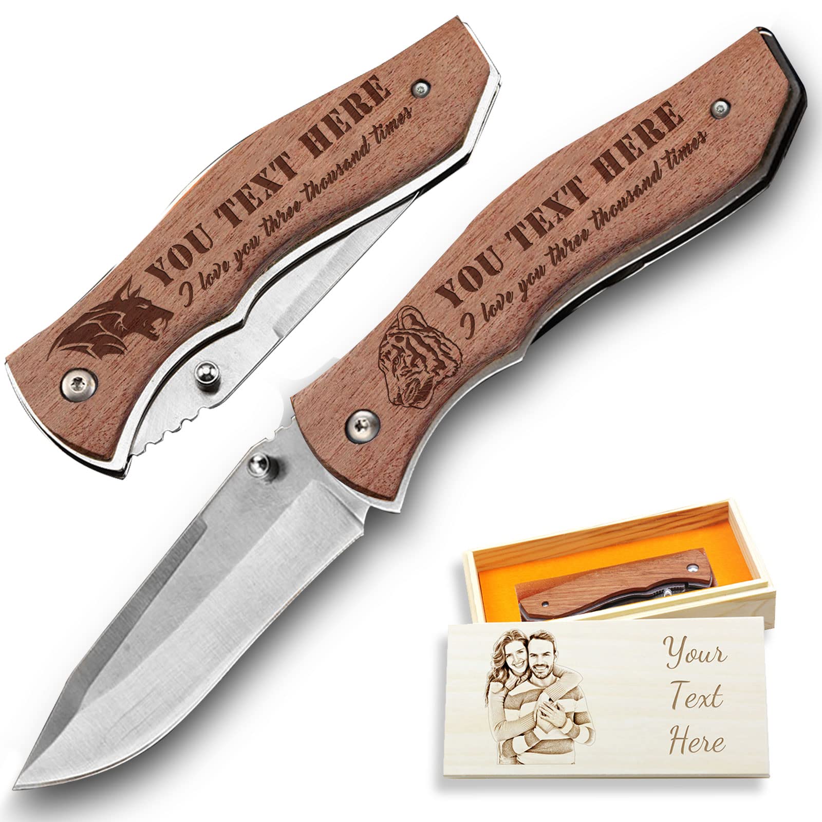 Personalized Engraved Pocket Knife Custom Knife Name for Men Customized Wood Handle Fishing Hunting Knives Folding Gifts for Dad Husband Boy Son Valentines Day Father Day