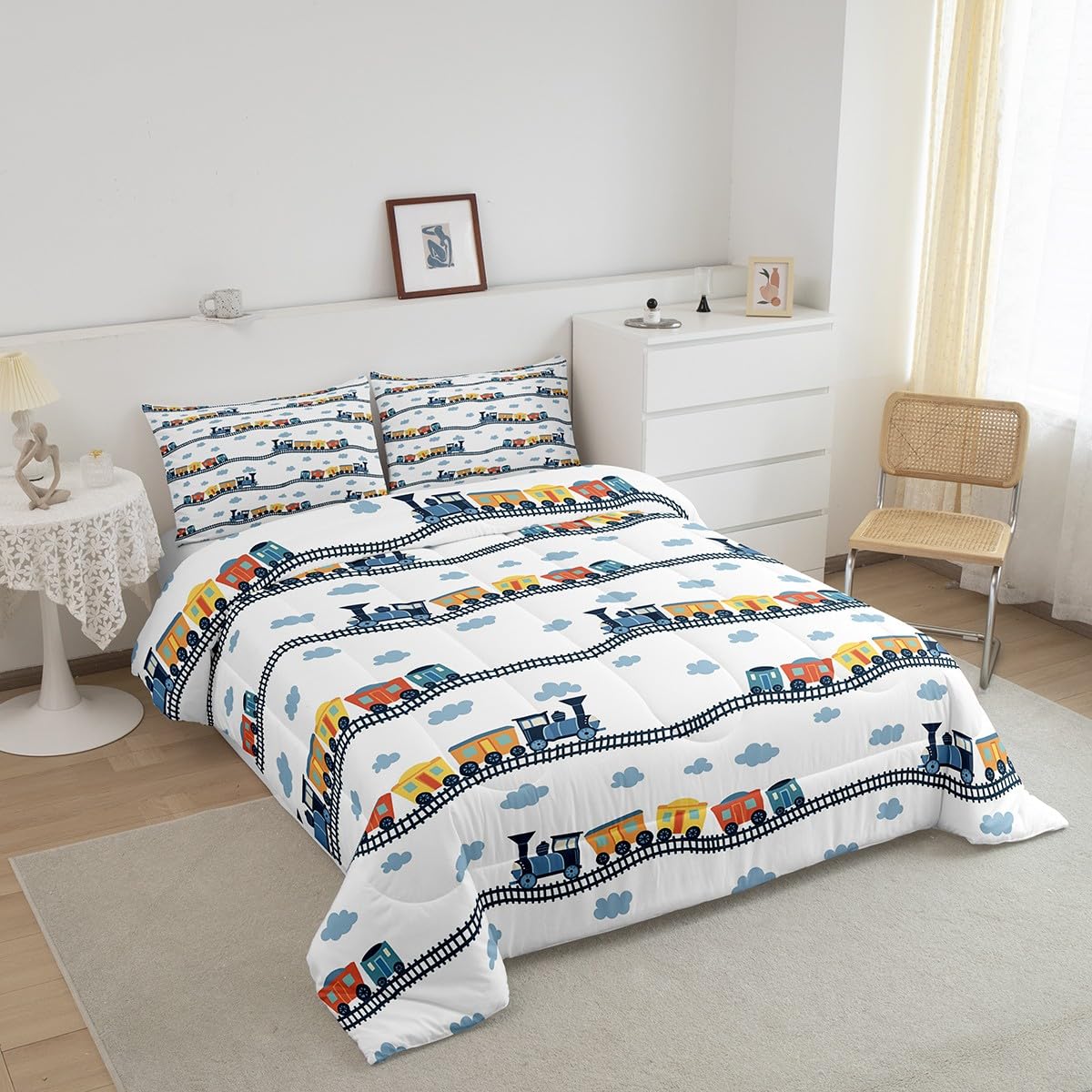 Erosebridal Kids Train Comforter Set Twin for Boys Girls Cartoon Car Bedding Set Steam Engine Bedding Comforter Sets Railway Vehicles Duvet Transportation Truck Quilt Comforter with 1 Pillow Sham