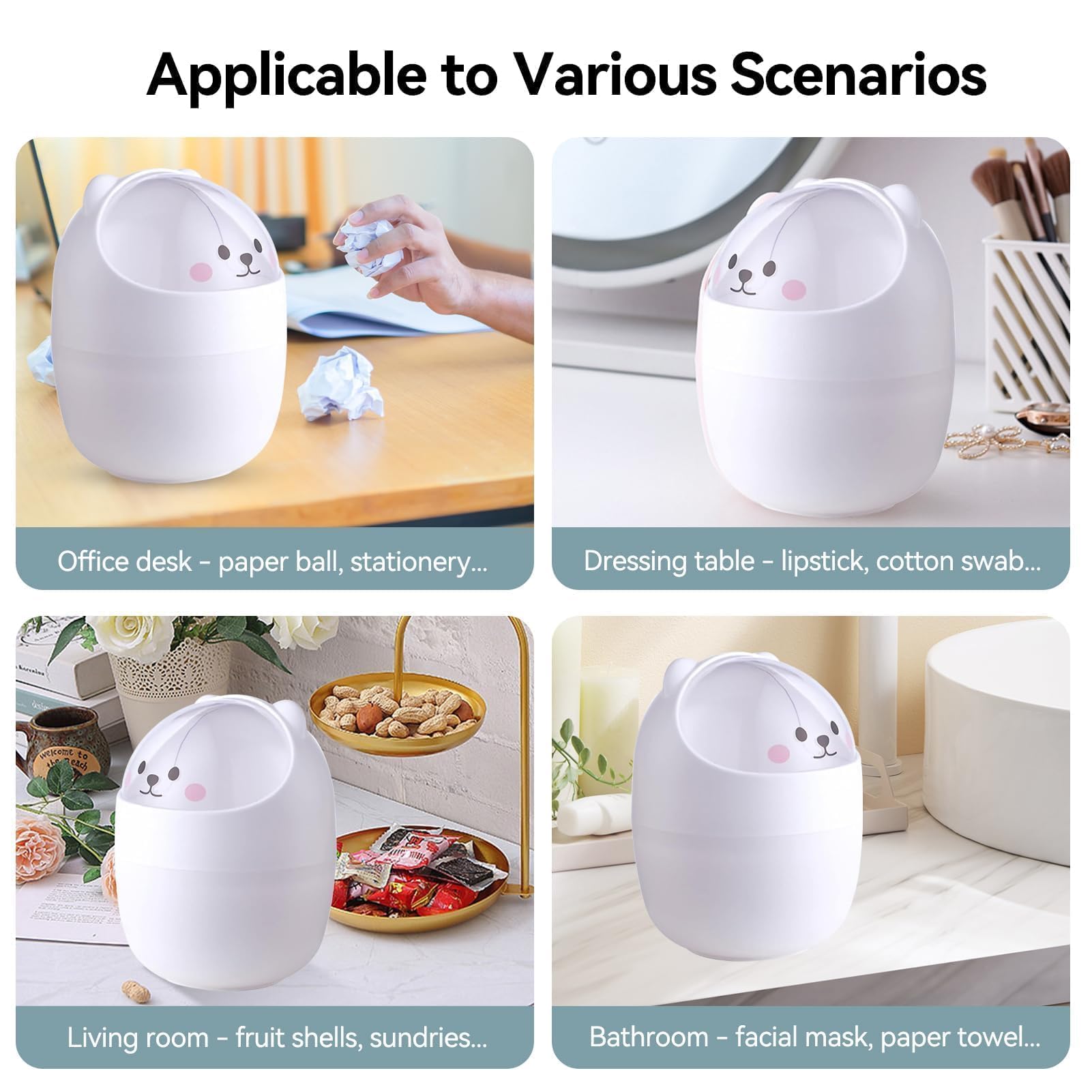 Cute Mini Desktop Trash Can, Cartoon Cat Animal Shape Waste Paper Bin with Swing Lid Mini Countertop Trash Can Small Garbage Can(White)