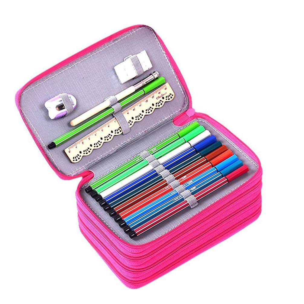 Operitacx 72 Slots Pencil Case Handy Pencil Holder with Zipper 4-layer Colored Pencil Case Large Pencil Bag for Watercolor Pencils, Gel Pens and Ordinary Pencils (Rose Red)