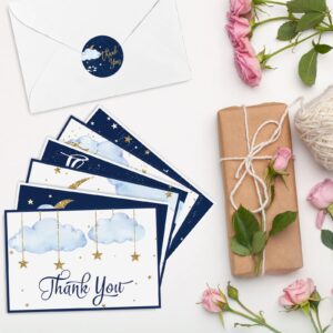 AnyDesign 36 Pack Stars Thank You Greeting Cards with Envelopes Matching Seal Stickers Blue Starry Delight Blank Note Cards Twinkle Moon Event Stationery for Baby Shower Birthday Supplies