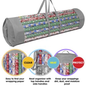 ProPik Wrapping Paper Organizer Storage Bag for All Your Gift Wrap & Ribbons, Fits Long 40 Inch Rolls, Hold Up To 24 Rolls, Heavy Duty Clear PVC Bag with Handles (Gray & clear)