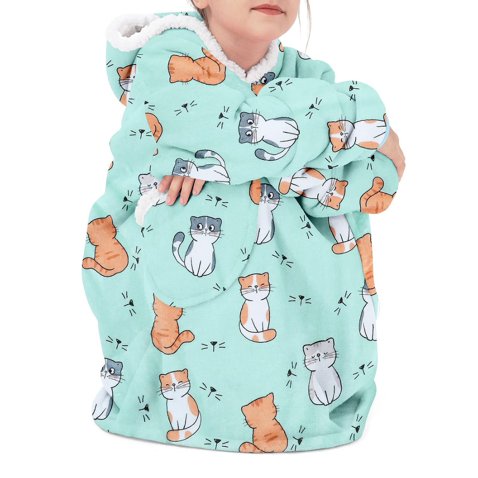 American Trends Blanket Hoodie for Girls Wearable Blanket for Kids Oversized Hoodie Sherpa Hooded Sweatshirt Kitty