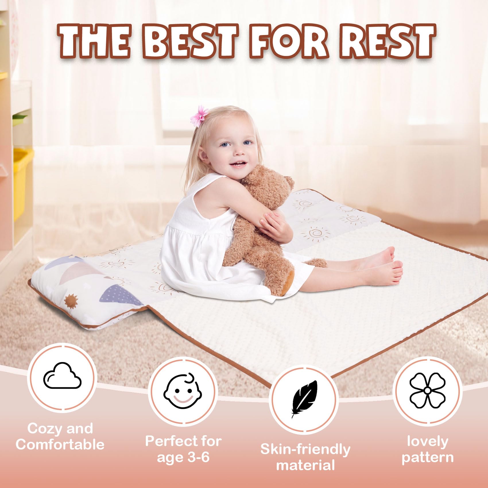 Toddler Nap Mat with Removable Pillow & Minky Blanket, Soft Wool Nap Mat, Rollup Design Kids Sleeping Bag for Daycare Preschool Travel Camping, Large Toddler Sleeping Bag for Boys & Girls, Brown